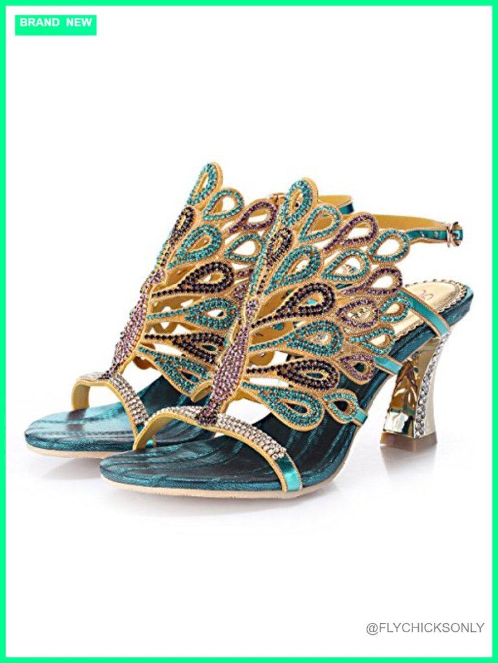 Rhinestone Peacock Handmade Chunky Heel Sandals Ankle Strap